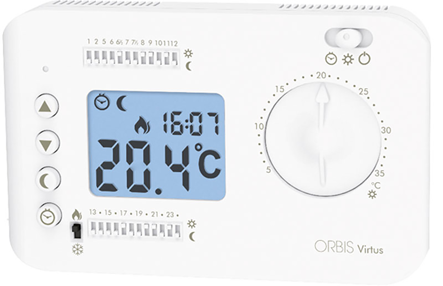 VIRTUS Cronotermostato digitale da parete, programmazione giornaliera con  cavalieri, colore BIANCO, alim. 2 batterie 1,5V - ORBIS OB326100 - Orbis  Italia