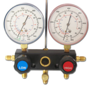 Gruppo manometrico 2 VIE diametro 80 mm,scala bar/psi/°C,classe precisione 1,6 Gas R410A-R32 Attacchi 4 x 1/4" SAE - ORB OB576052