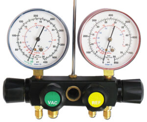 Gruppo manometrico 4 VIE diametro 80 mm,scala bar/psi/°C,classe precisione 1,6 Gas R410A-R32 Attacchi 3 x 1/4" SAE + 1 x 3/8" SAE - ORB OB576053