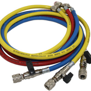Serie 3 tubi fessibili R410 con rubinetto e depressore attacco 5/16" SAE - 1/4" SAE 45°, lunghezza 1500 mm - ORB OB576070