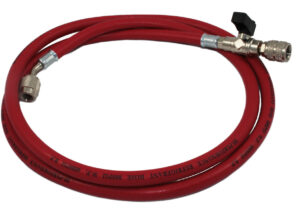 Tubo flessibile singolo rosso R22/R407/R32 con rubinetto e depressore attacco 1/4" SAE - 1/4" SAE 45°, lunghezza 1500 mm - ORB OB576079