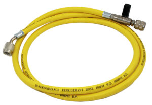 Tubo flessibile singolo giallo R22/R407/R32 con rubinetto e depressore attacco 1/4" SAE - 1/4" SAE 45°, lunghezza 1500 mm - ORB OB576080