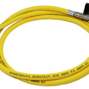 Tubo flessibile singolo giallo R22/R407/R32 con rubinetto e depressore attacco 1/4" SAE - 1/4" SAE 45°, lunghezza 1500 mm - ORB OB576080