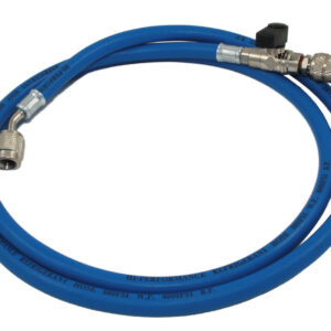Tubo flessibile singolo blu R410 con rubinetto e depressore attacco 5/16" SAE - 1/4" SAE 45°, lunghezza 1500 mm - ORB OB576091