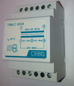 TRM C 30/24 Trasformatori Modulari Per Campanelli , potenza 30 VA, 3 moduli DIN, Tensione primario 230V, Tensione secondario 12/24 VAC - ORB OB86C3024