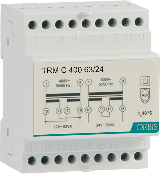 TRM C 400 63/24 Trasformatori modulari per campanelli, potenza 63 VA, 4  moduli DIN, tensione primario 400V, tensione secondario 12/24 VAC - ORBIS  OB86C46324 - Orbis Italia