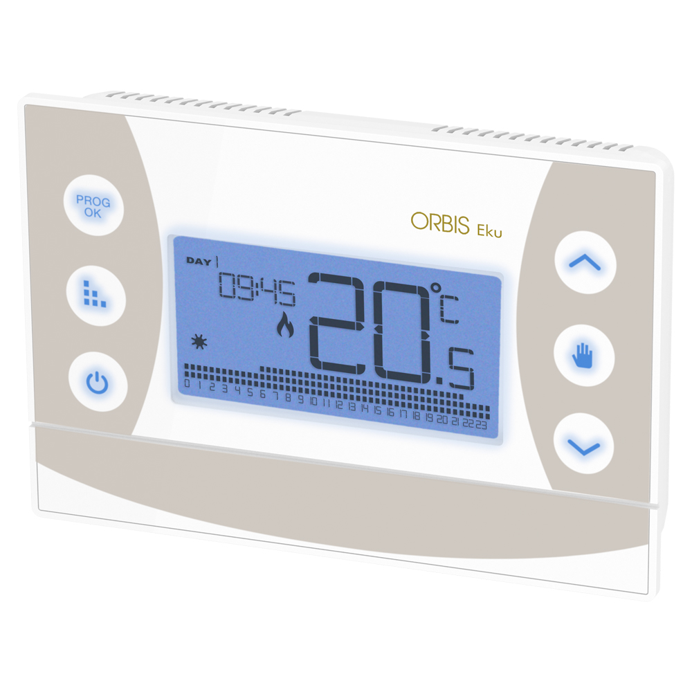 EKU BIANCO Cronotermostato digitale da parete con comandi touch sensitive,  programmazione settimanale, alim.2 batterie 1,5V - ORBIS OB326400 - Orbis  Italia