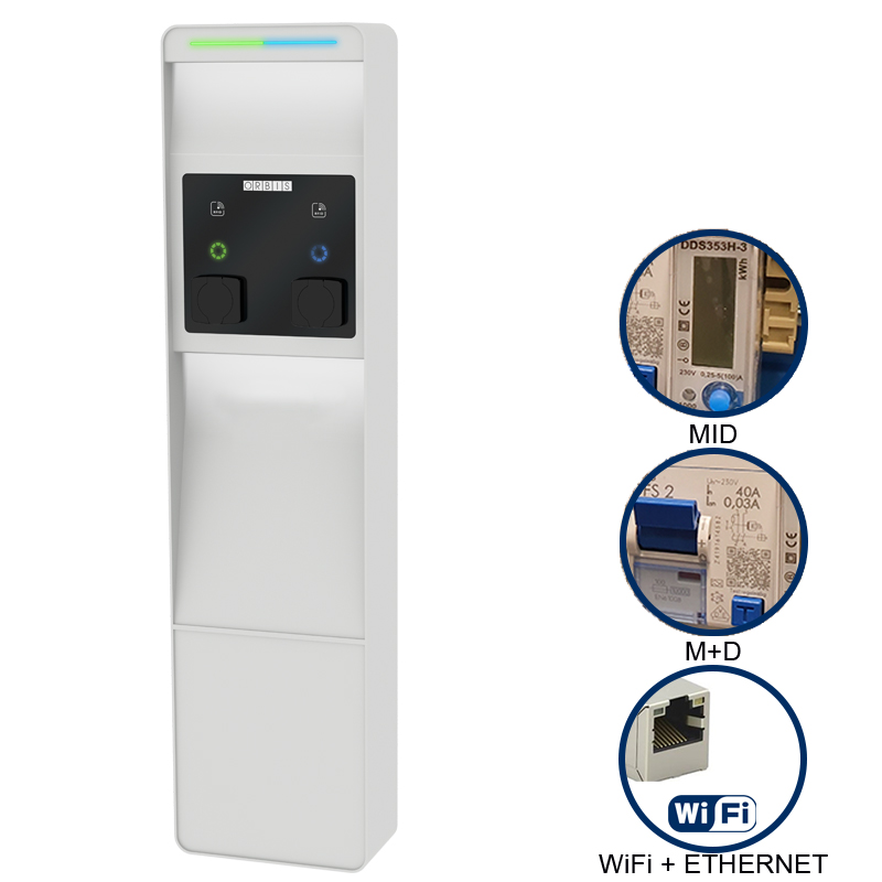 VIARIS CITY+ BBT2PE22ETH TRIFASE 22 kW + 22 kW, 2 prese TIPO 2 e SHUTTER,WiFi+Ethernet, 2 protezioni magnet.-diff.,2 cont. MID, lettore carte RFID - ORBIS OB94C7CCJC2