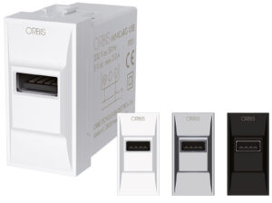 MINICARG USB Alimentatore USB da incasso, 5VDC - 2.1A Max, con forntalini BIANCO, ANTRACITE e ALLUMINIO intercambiabili, 1 modulo DIN, 230V - ORBIS OB140602