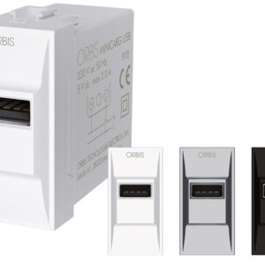 MINICARG USB Alimentatore USB da incasso, 5VDC - 2.1A Max, con forntalini BIANCO, ANTRACITE e ALLUMINIO intercambiabili, 1 modulo DIN, 230V - ORBIS OB140602