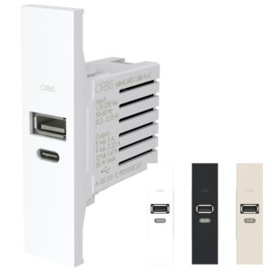MINICARG USB A+C LN Alimentatore USB da incasso, 12VDC Max - 3A Max, con forntalini BIANCO, ANTRACITE e ALLUMINIO intercambiabili, 1 modulo DIN, 230V - ORBIS OB140623