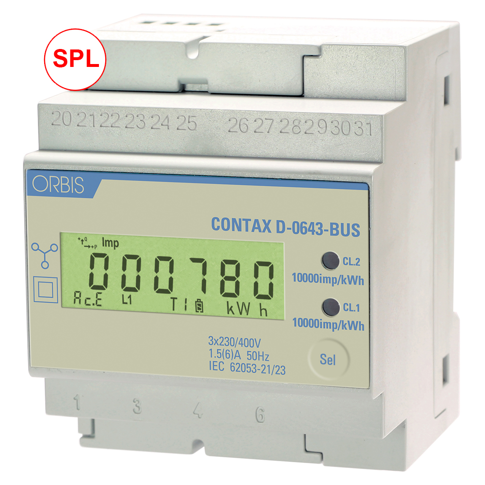 CONTAX D-0643-SPL BUS Contatore trifase energia in configurazione SPL per colonnine VIARIS, 4 Moduli, Comunicazione MODBUS, 6A, display digitale - ORBIS OB709600SPL