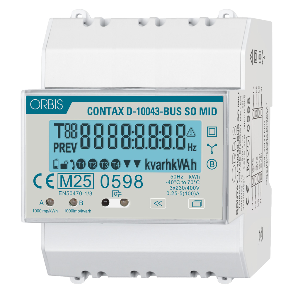 CONTAX D-10043 BUS Contatore trifase energia Multifunzione, MID, 4 Moduli, Comunicazione MODBUS, ins.diretta, 100A, display digitale - ORBIS OB7010002