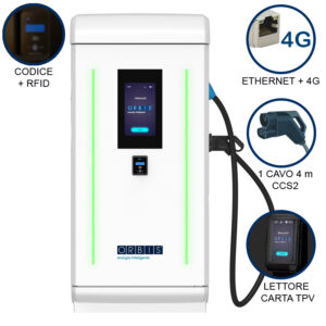 VIARIS LANDER PLUS 1CCS240TPVETHG DC FAST CHARGER 240 kW, 1 uscita CCS2, Cavo 4m, Ethernet+4G, lettore carte RFID, lettore carte di credito - ORBIS OB94LC00242T0