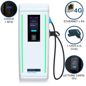 VIARIS LANDER 1CCS80TPVETHG DC FAST CHARGER 80 kW, 1 uscita: CCS2, Cavo 4m, Ethernet+4G, lettore carte RFID, lettore carta di credito - ORBIS OB94LC0082T0