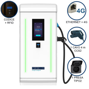 VIARIS LANDER PLUS 1CCSBT2240ETHG DC FAST CHARGER 240 kW, 1 uscita CCS2, presa Tipo2 AC Cavo 4m, Ethernet+4G, lettore carte RFID - ORBIS OB94LC0A242R0
