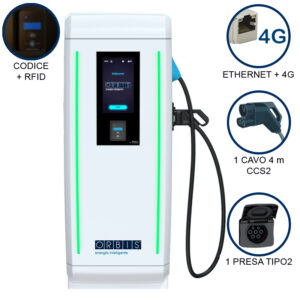 VIARIS LANDER 1CCSBT280ETHG DC FAST CHARGER 80 kW, 1 uscita CCS2, Cavo 4m, presa Tipo2 AC, Ethernet+4G, lettore carte RFID - ORBIS OB94LC0A82R0