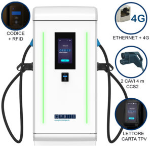 VIARIS LANDER PLUS 2CCS240TPVETHG DC FAST CHARGER 240 kW, 2 uscite CCS2, Cavo 4m, Ethernet+4G, lettore carte RFID, lettore carta di credito - ORBIS OB94LCC0242T0