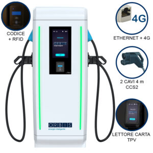 VIARIS LANDER 2CCS80TPVETHG DC FAST CHARGER 80 kW, 2 uscite CCS2, Cavo 4m, Ethernet+4G, lettore carte RFID, Lettore carta di credito - ORBIS OB94LCC082T0