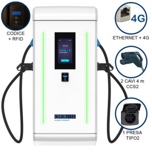 VIARIS LANDER PLUS 2CCSBT2120ETHG DC FAST CHARGER 120 kW, 2 uscite CCS2, presa Tipo2 AC, Cavo 4m, Ethernet+4G, lettore carte RFID - ORBIS OB94LCCA122R0