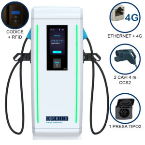 VIARIS LANDER 2CCSBT280ETHG DC FAST CHARGER 80 kW, 2 uscite CCS2, Cavo 4m, presa Tipo2 AC, Ethernet+4G, lettore carte RFID - ORBIS OB94LCCA82R0