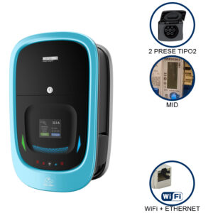 VIARIS COMBI+ BBT2E22DYETH TRIFASE 22 kW + 22 kW 3x32A, Display, 2 PRESE TIPO 2 e SHUTTER, Ethernet, contatore MID, lettore carte RFID - ORBIS OB94P7CCKC7