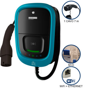 VIARIS UNI+ C7T2P74ETH MONOFASE 7.4 kW 32A, 1 CAVO e CONNETTORE TIPO 2, lunghezza 7m, Protezione Magnetot./Diff, lettore carte RFID, WiFi + Ethernet - ORBIS OB94U1G09A2