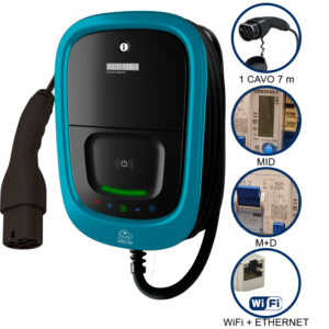 VIARIS UNI+ C7T2PE22ETH TRIFASE 22 kW 3x32A,1 CAVO e CONNETTORE TIPO 2 lunghezza 7m, contatore MID,Protezione Magnet./Diff,lettore carte RFID,WiFi+ETH - ORBIS OB94U4G09B2