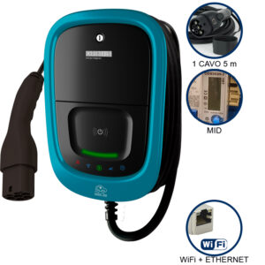 VIARIS UNI+ CT2PTE22ETH 22KWTE TRIFASE 22 kW 3x32A, 1 CAVO e CONNETTORE TIPO 2 per TESLA, lunghezza 5m, lettore carte RFID, WiFi + Ethernet,Contatore MID - ORBIS OB94U4T0HB2